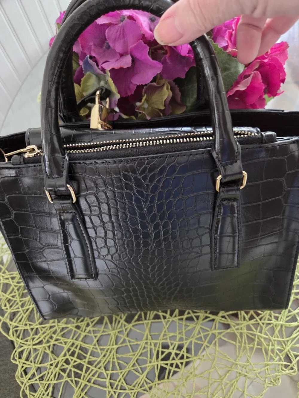 Kurt Geiger Black Croc-Embossed Satchel with Gold Hardware
